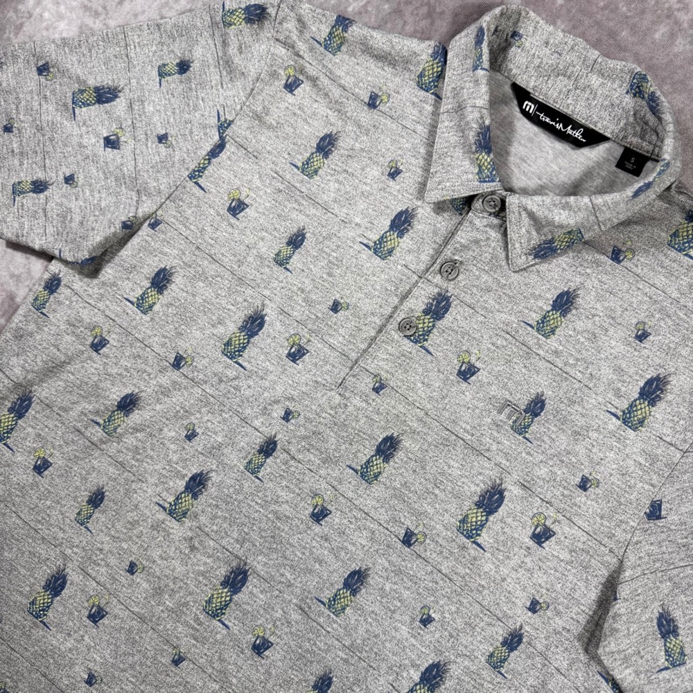 TravisMathew‎ Mens Pineapple Cocktail Print Polo Shirt Gray Short Sleeve Small